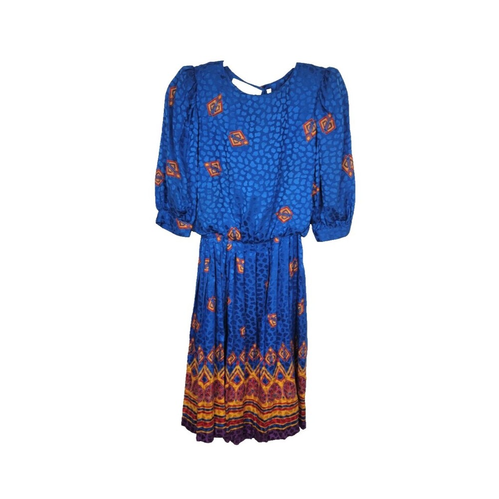 Vintage 80s Lillie Rubin Silk Dress Blue Red Size 4 Day Dress